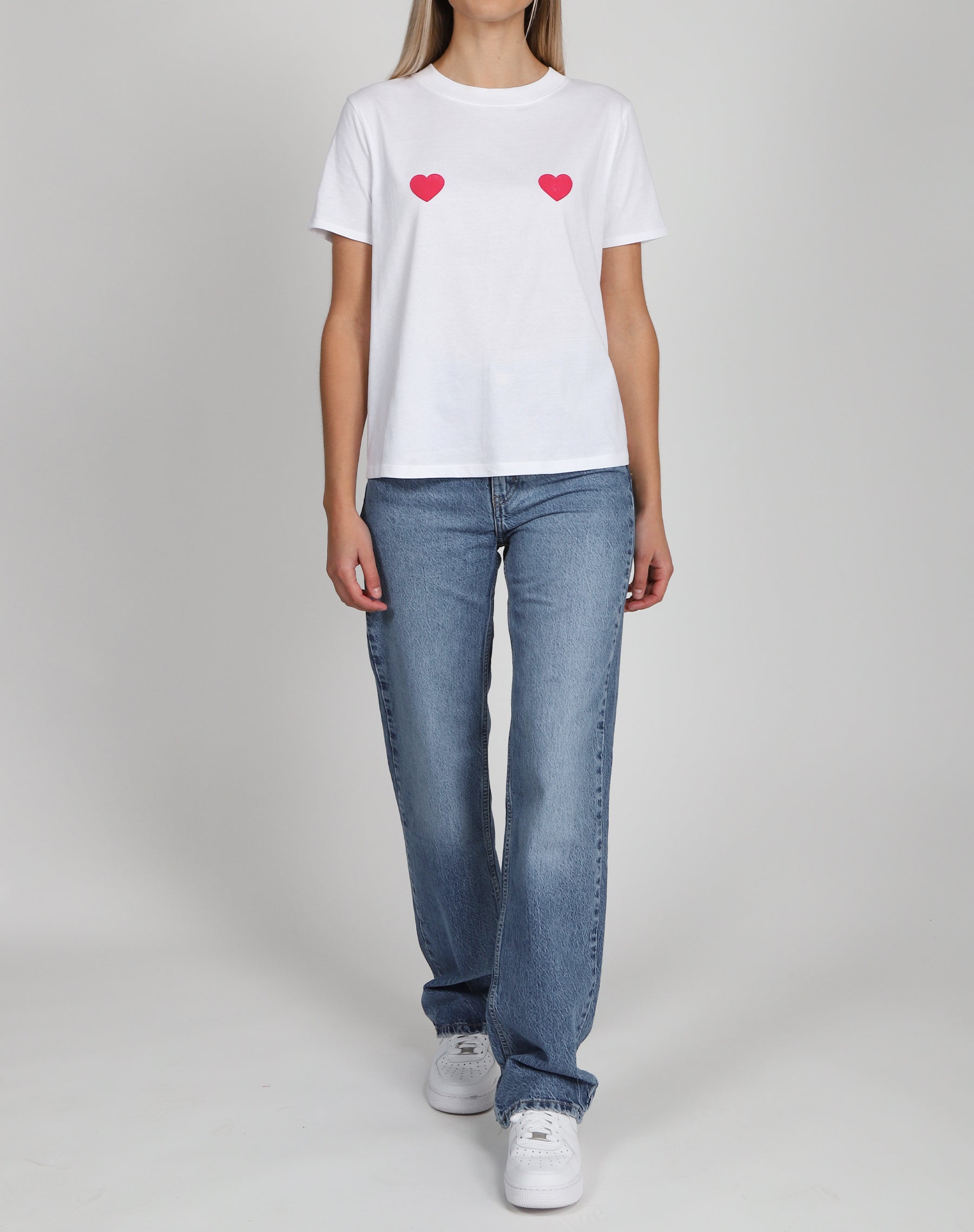 The "DOUBLE HEARTS" Classic Crew Neck Tee | White & Fuchsia